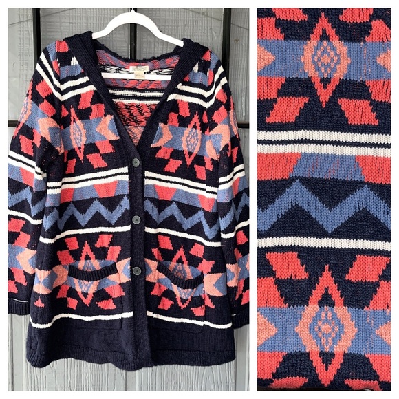 Lucky Brand cardigan sweater with hood, southwestern designs, navy and coral - Picture 1 of 11